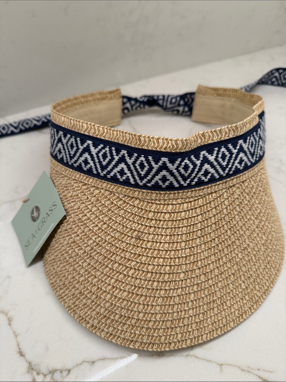 NWT Sea & Grass Natural Straw Visor with Navy Geometric Trim